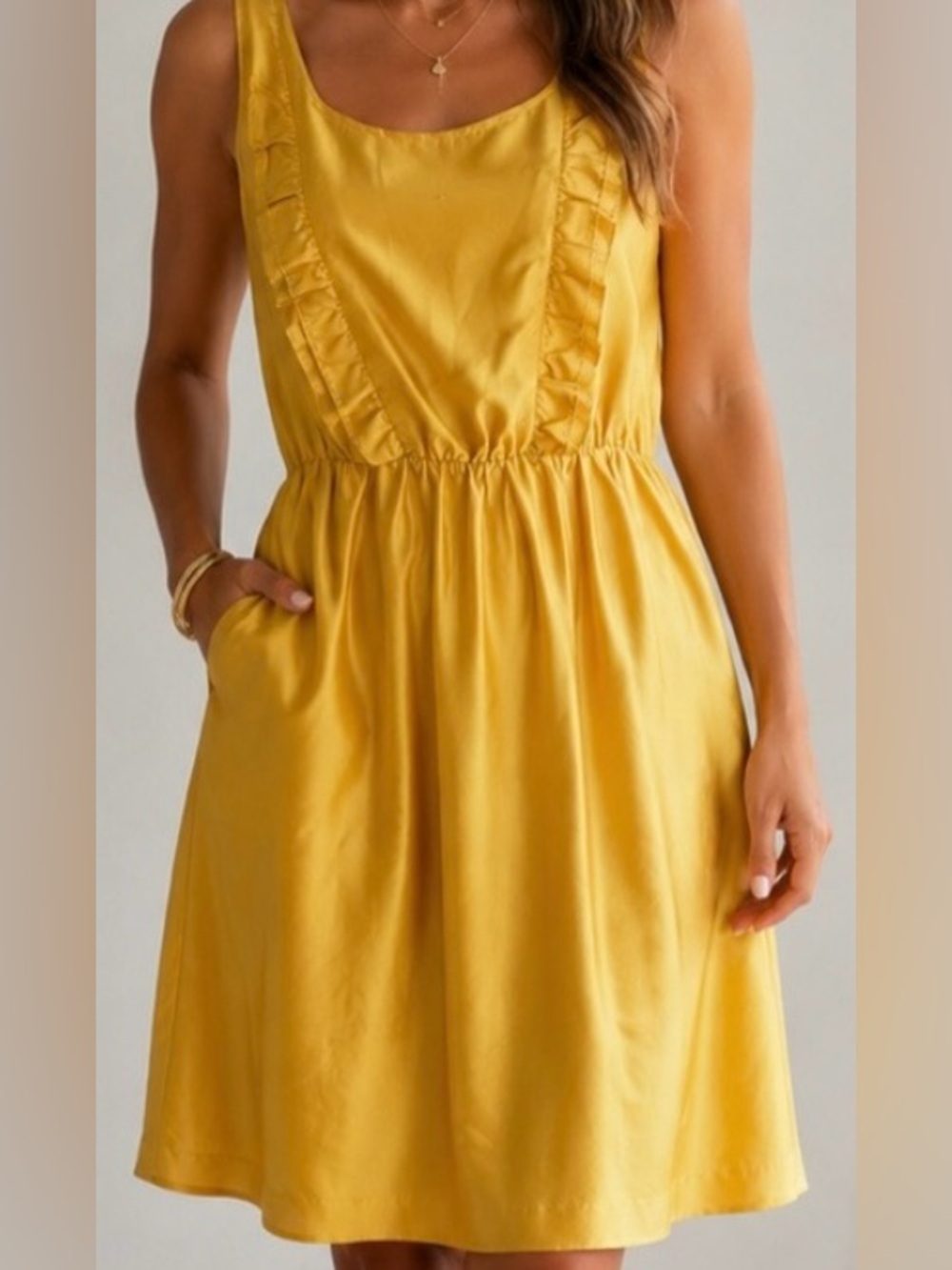 100% Silk Anthropologie Maeve Marigold Ruffle Tie Back Dress XL Org $178